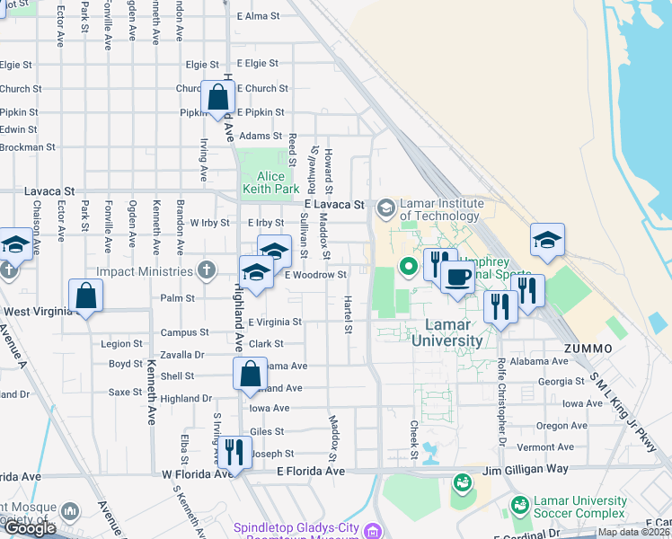 map of restaurants, bars, coffee shops, grocery stores, and more near 4445 Maddox Street in Beaumont