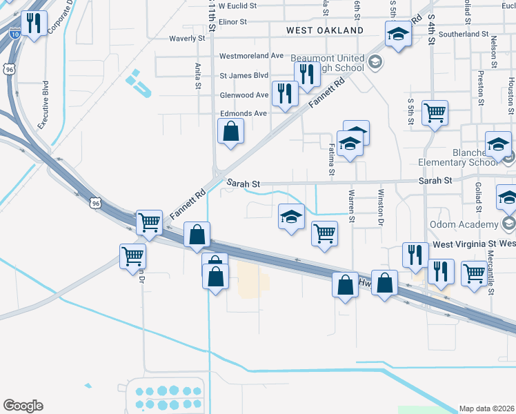 map of restaurants, bars, coffee shops, grocery stores, and more near 3985 Sarah Street in Beaumont