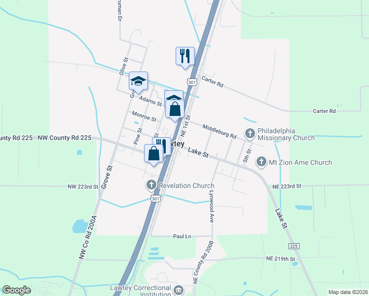 map of restaurants, bars, coffee shops, grocery stores, and more near 2314 Lake Street in Lawtey