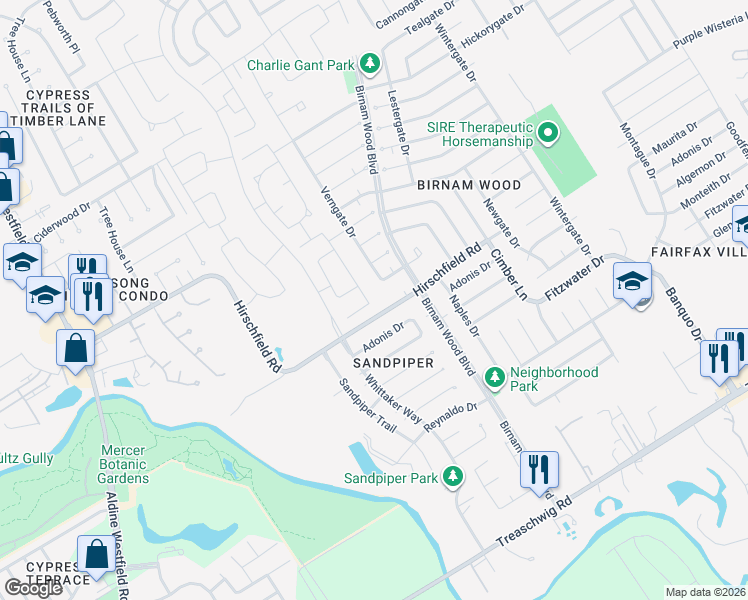 map of restaurants, bars, coffee shops, grocery stores, and more near 4022 Hirschfield Road in Spring