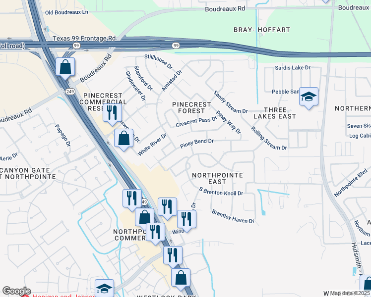 map of restaurants, bars, coffee shops, grocery stores, and more near 12202 Camden Meadows Drive in Tomball