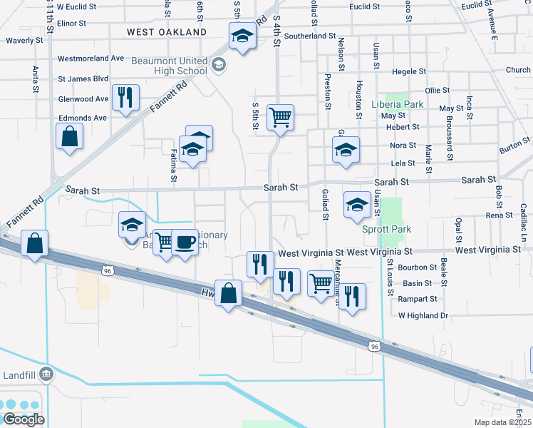 map of restaurants, bars, coffee shops, grocery stores, and more near 4366 South 4th Street in Beaumont