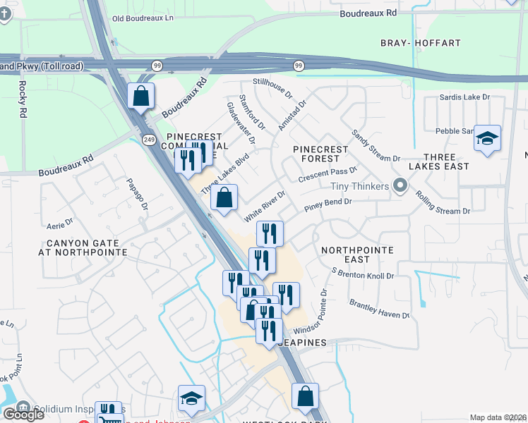 map of restaurants, bars, coffee shops, grocery stores, and more near 19110 Hayden Wood Drive in Tomball