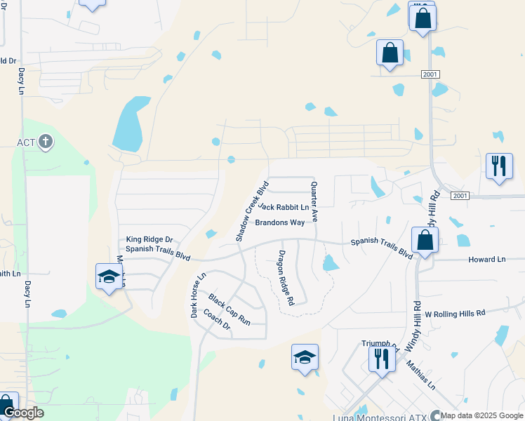 map of restaurants, bars, coffee shops, grocery stores, and more near 142 Jack Rabbit Lane in Buda