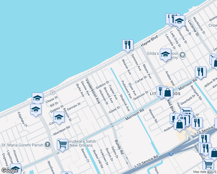 map of restaurants, bars, coffee shops, grocery stores, and more near 7715 Trapier Avenue in New Orleans