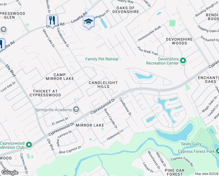 map of restaurants, bars, coffee shops, grocery stores, and more near 18938 Candlelight Crescent Road in Spring
