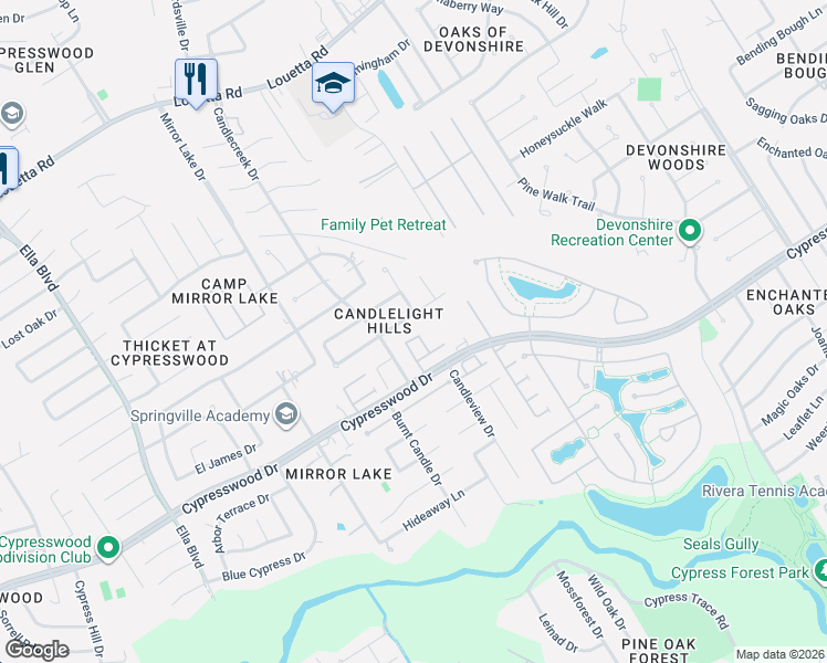 map of restaurants, bars, coffee shops, grocery stores, and more near 2906 Crescent Bend Road in Spring