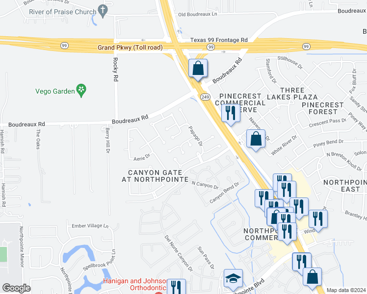 map of restaurants, bars, coffee shops, grocery stores, and more near 11711 Curry Ridge Lane in Tomball