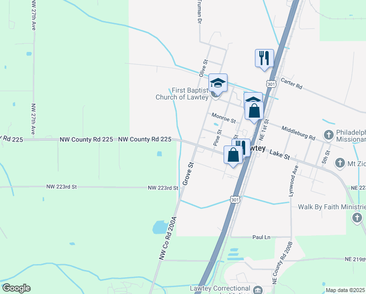 map of restaurants, bars, coffee shops, grocery stores, and more near 2012 West Madison Street in Starke