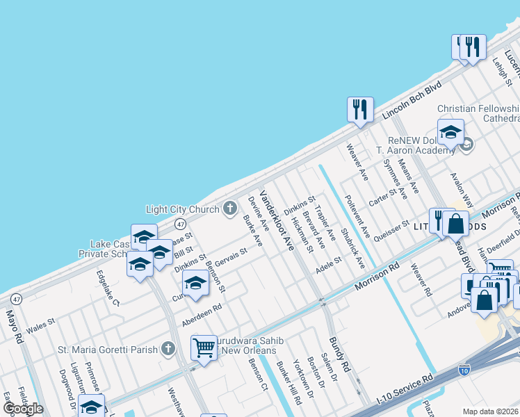 map of restaurants, bars, coffee shops, grocery stores, and more near 7917 Burke Avenue in New Orleans