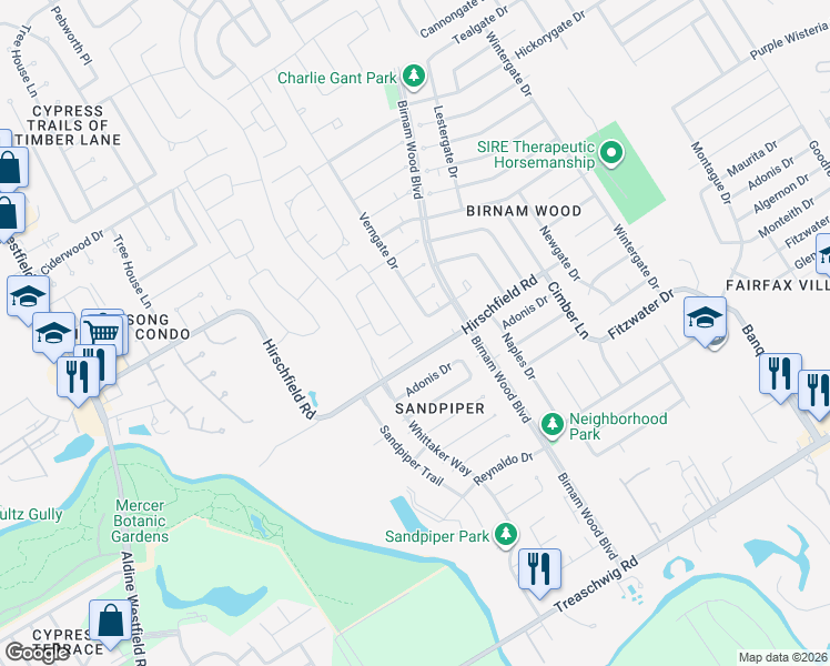 map of restaurants, bars, coffee shops, grocery stores, and more near 4022 Hirschfield Road in Spring