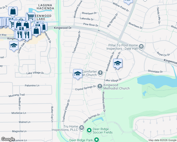 map of restaurants, bars, coffee shops, grocery stores, and more near 2147 Lake Village Drive in Humble