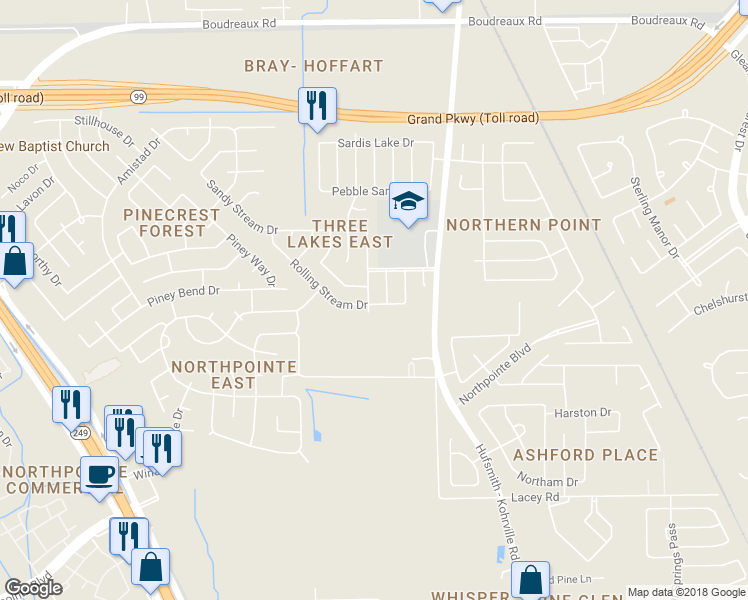map of restaurants, bars, coffee shops, grocery stores, and more near 19402 Sandy Woods Drive in Tomball