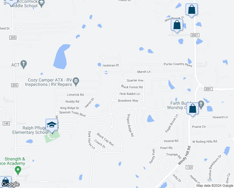map of restaurants, bars, coffee shops, grocery stores, and more near 1120 Shadow Creek Boulevard in Buda