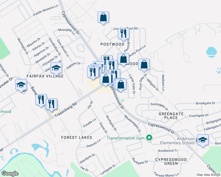 map of restaurants, bars, coffee shops, grocery stores, and more near 22815 Cypresswood Drive in Spring