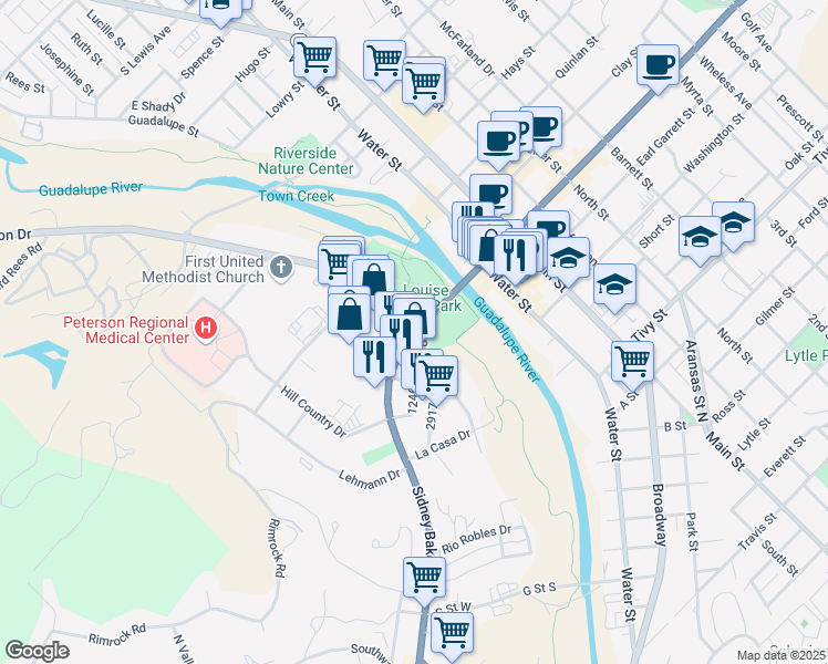 map of restaurants, bars, coffee shops, grocery stores, and more near 200 Sidney Baker Street South in Kerrville