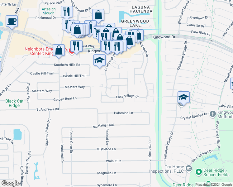 map of restaurants, bars, coffee shops, grocery stores, and more near 2007 White Oaks Hills Lane in Humble