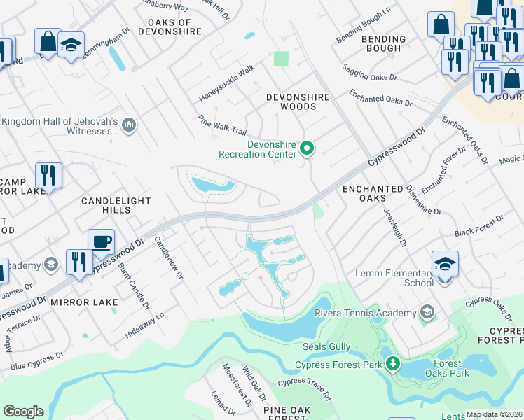 map of restaurants, bars, coffee shops, grocery stores, and more near 18915 Watt Point Lane in Spring