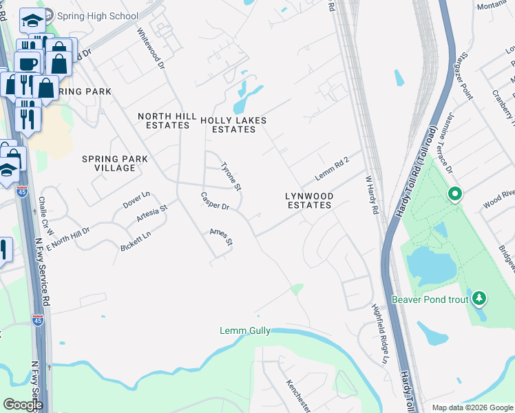map of restaurants, bars, coffee shops, grocery stores, and more near 19014 Tyrone Street in Spring