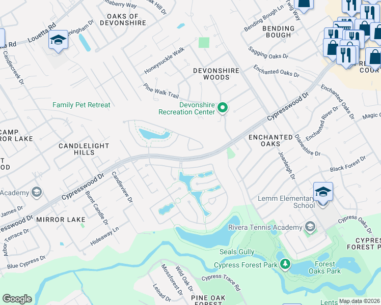 map of restaurants, bars, coffee shops, grocery stores, and more near 18915 Watt Point Lane in Spring