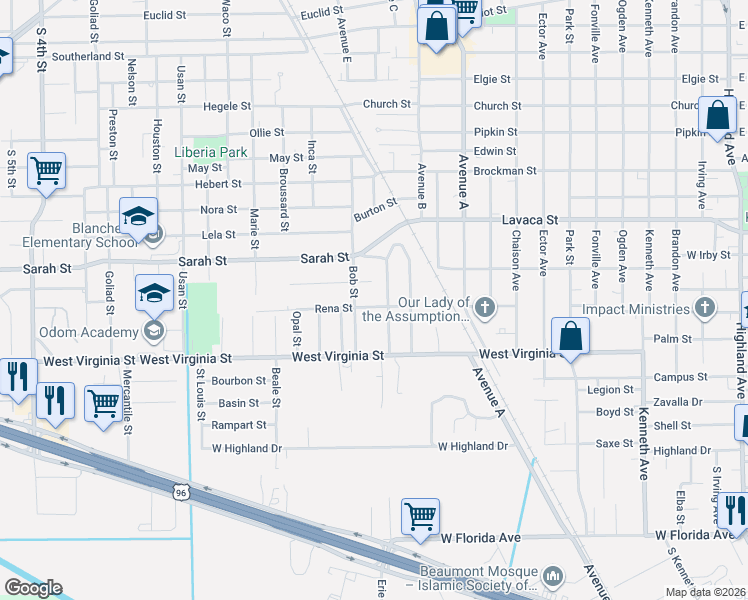 map of restaurants, bars, coffee shops, grocery stores, and more near 4260 Cadillac Lane in Beaumont