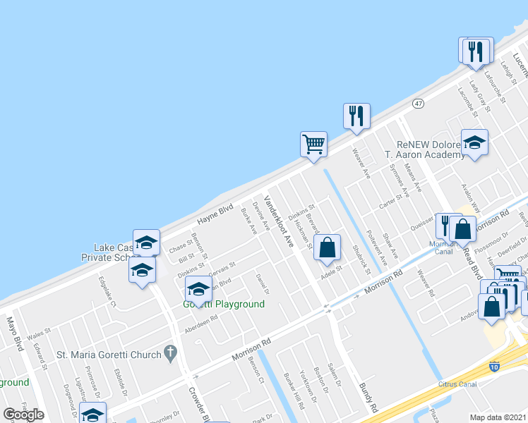 map of restaurants, bars, coffee shops, grocery stores, and more near 22 Hayne Boulevard in New Orleans