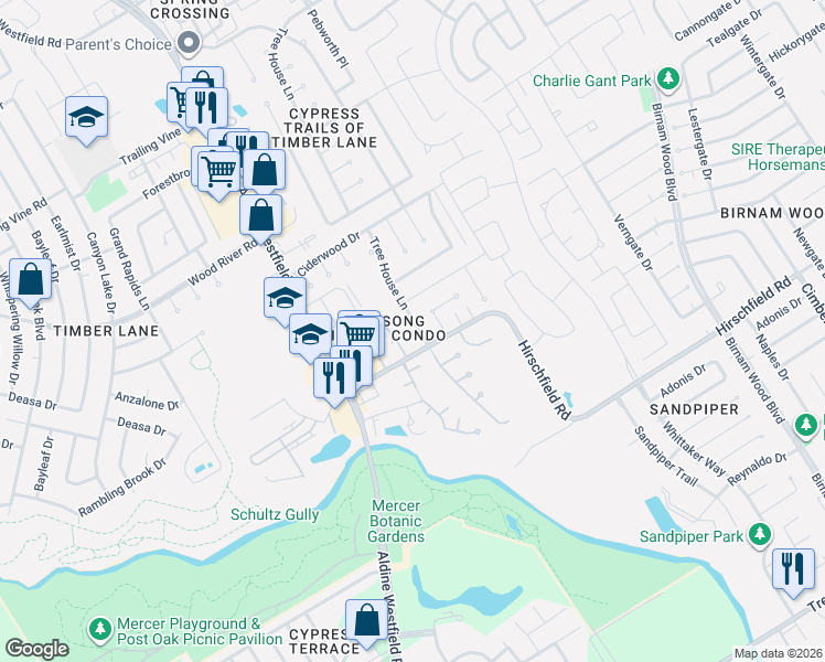 map of restaurants, bars, coffee shops, grocery stores, and more near 22702 Tree House Lane in Spring