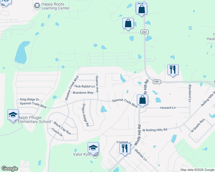 map of restaurants, bars, coffee shops, grocery stores, and more near 458 Jack Rabbit Lane in Buda