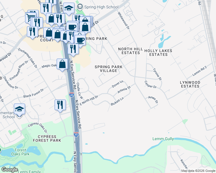 map of restaurants, bars, coffee shops, grocery stores, and more near 19106 Crystola Park in Spring