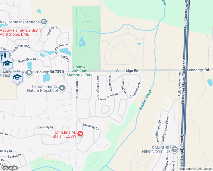 map of restaurants, bars, coffee shops, grocery stores, and more near 2620 Creek Ridge Drive in Green Cove Springs