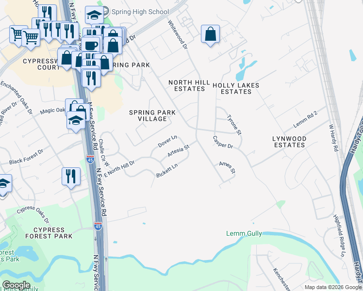 map of restaurants, bars, coffee shops, grocery stores, and more near 447 Dover Lane in Spring
