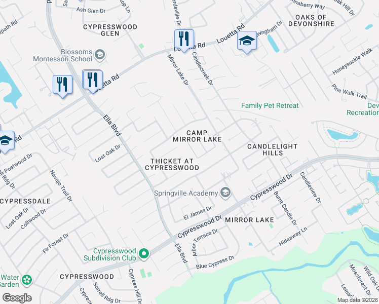 map of restaurants, bars, coffee shops, grocery stores, and more near 18623 Roslyn Springs Drive in Spring