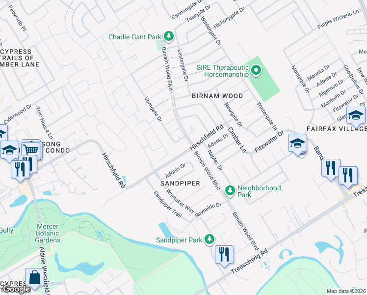 map of restaurants, bars, coffee shops, grocery stores, and more near 4211 Hirschfield Road in Spring