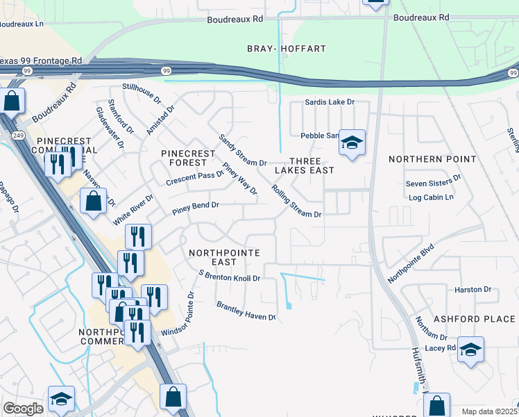 map of restaurants, bars, coffee shops, grocery stores, and more near 11818 Piney Bend Drive in Tomball