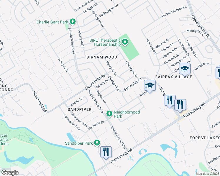 map of restaurants, bars, coffee shops, grocery stores, and more near 4430 Algernon Drive in Spring