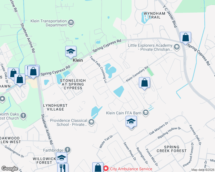 map of restaurants, bars, coffee shops, grocery stores, and more near Twin Falls Crossing Lane in Spring