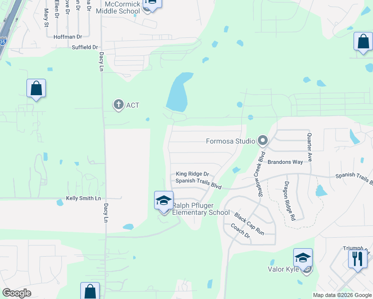 map of restaurants, bars, coffee shops, grocery stores, and more near 203 Wapiti Road in Buda