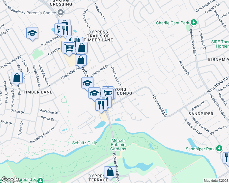 map of restaurants, bars, coffee shops, grocery stores, and more near 2929 Hirschfield Road in Spring