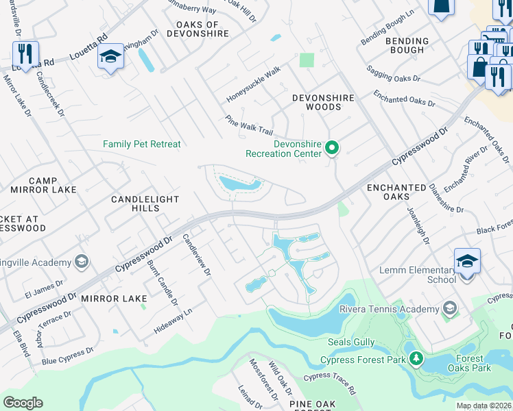 map of restaurants, bars, coffee shops, grocery stores, and more near 2522 Alan Lake Lane in Spring
