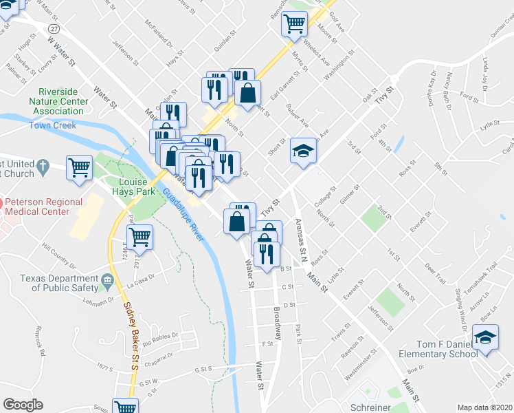 map of restaurants, bars, coffee shops, grocery stores, and more near 320 Saint Peter Street in Kerrville