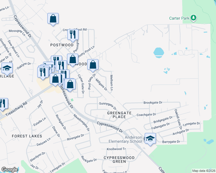 map of restaurants, bars, coffee shops, grocery stores, and more near 22719 Hawkwood Drive in Spring