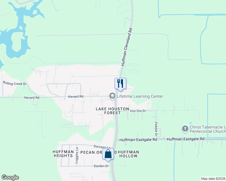 map of restaurants, bars, coffee shops, grocery stores, and more near 25715 FM 2100 Rd in Huffman