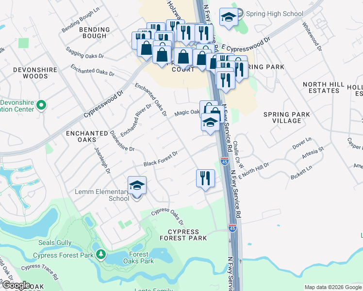 map of restaurants, bars, coffee shops, grocery stores, and more near 202 Weeping Oak Lane in Spring