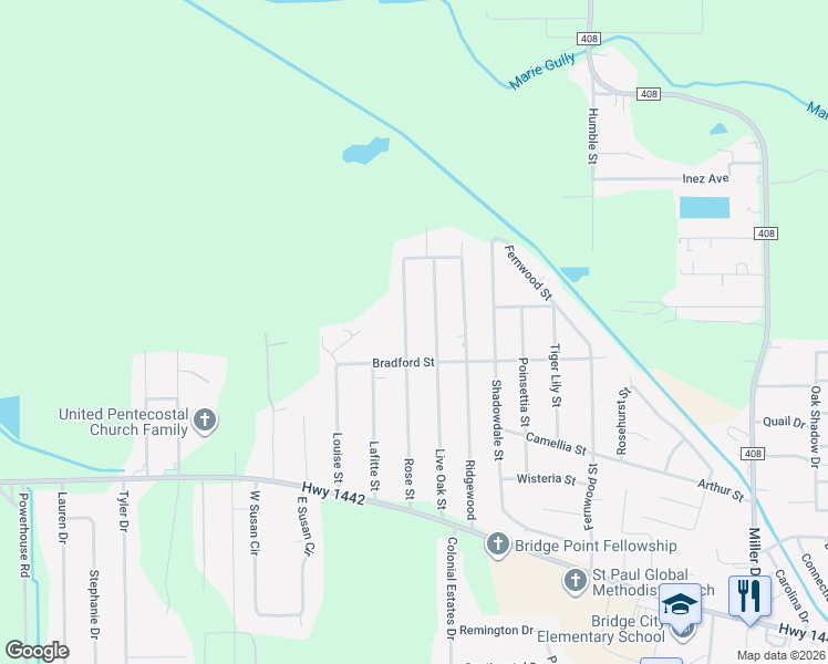 map of restaurants, bars, coffee shops, grocery stores, and more near 210 Rose Street in Bridge City