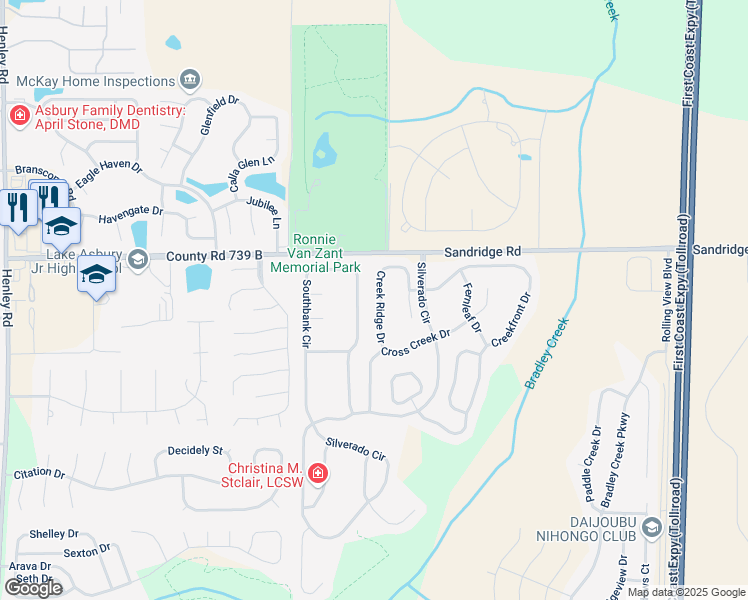 map of restaurants, bars, coffee shops, grocery stores, and more near 2712 Creek Ridge Drive in Green Cove Springs
