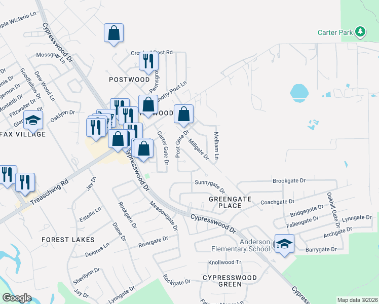 map of restaurants, bars, coffee shops, grocery stores, and more near 22842 Thadd's Trail in Spring