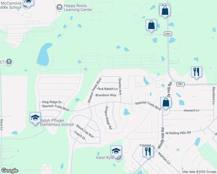 map of restaurants, bars, coffee shops, grocery stores, and more near 229 Jack Rabbit Lane in Buda