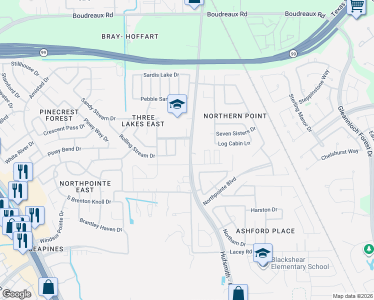 map of restaurants, bars, coffee shops, grocery stores, and more near 19423 Garden Pool Lane in Tomball