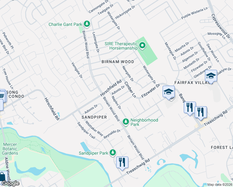 map of restaurants, bars, coffee shops, grocery stores, and more near 4411 Adonis Drive in Spring