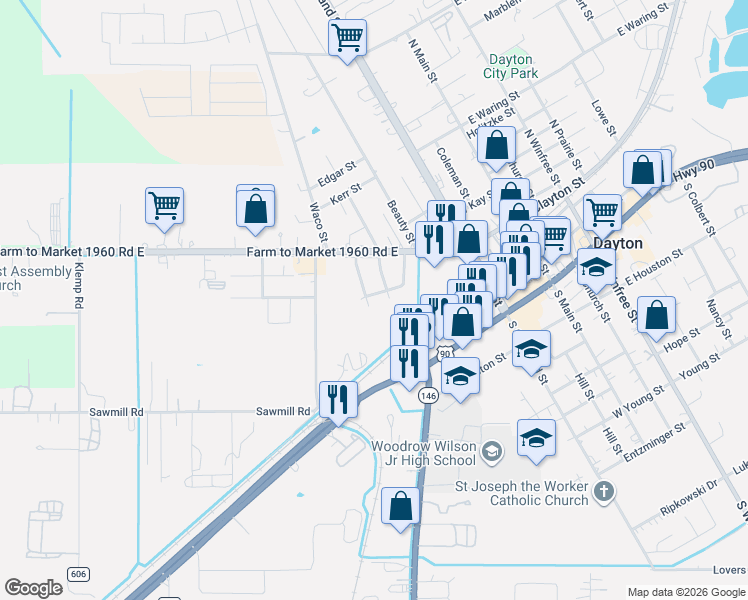 map of restaurants, bars, coffee shops, grocery stores, and more near 503 Friery Street in Dayton